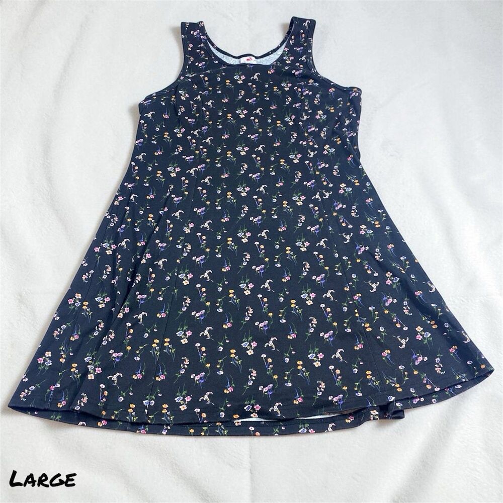 Vintage 80s No Boundaries Floral Dress Womens LARGE Black Sleeveless Midi USA‎